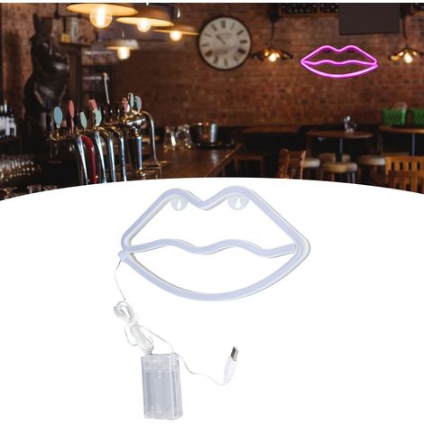 Lampe de table néon LED pour chambre, bar, décoration de fêtes, veilleuse, alimentée par USB ou piles, motif lèvres roses. (1/5)