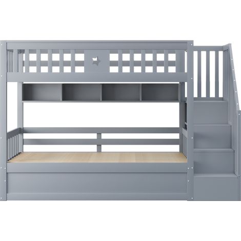 Letto a castello 90 x 200 cm in legno grigio con vano contenitore idraulico, scaffali e scala (1/5)