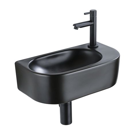 QeramiQ Fuente Ensemble pour lave-mains - 40x21.5x12cm - droit - lisse - demi-rond - 1 trou de robinet - céramique - robinet lave-mains noir mat - (1/5)