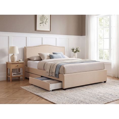 Letto Imbottito Tessuto Beige Rete a Doghe con Cassetti 160 x 200 cm Montpellier (1/5)