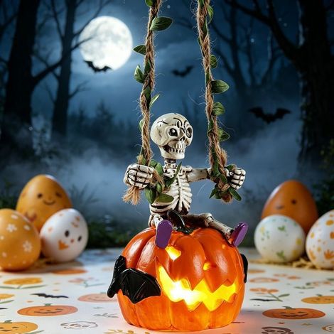 Harz Figur Schädel und Kürbis Halloween Deko für Tisch und Regal Originell (1/5)