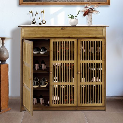 3 Door Bamboo Shoe Storage Cabinet Rack Stand Cupboard Slatted Doors, 1 Drawer (1/5)