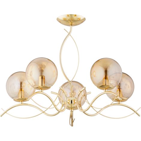 Plafonnier doré laiton boules verre ambre 5xE14 Alfa (1/3)