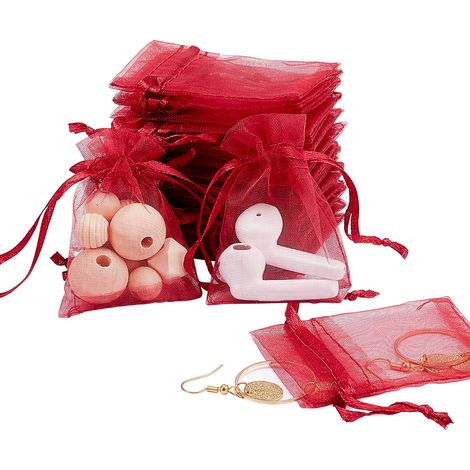 QAZQA Lot de 100pcs Sachets Pochettes Cadeau en Organza, Petits Sacs pr la Fete de Mere, Rouge Fonce, 7cmx9cm (1/5)