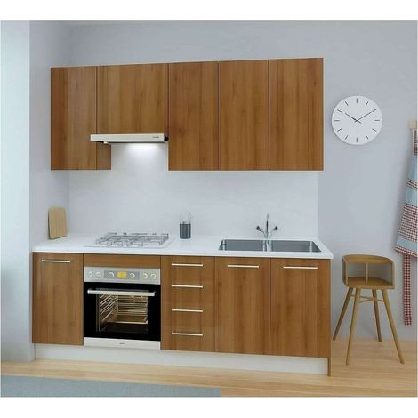 Cocina Kit-Chef con encimera y con zocalo de 220 cm de ancho en roble.