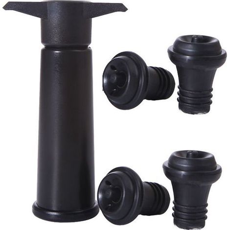 Bomba de vacío para vino, Conservación del vino, 1 bomba con 4 tapones de vacío, 15,5 x 9 x 4 cm, Sellado al vacío, bares, Negra (1/5)