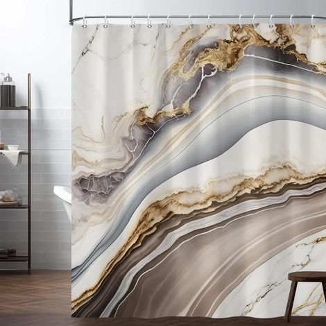 Rideau de Douche en marbre Marron pour Bain 150x200cm Abstrait Beige Gris Rideau de Salle de Bain de Luxe Encre Moderne esthétique Rideaux de Douche en Tissu résistant à l'eau (1/5)