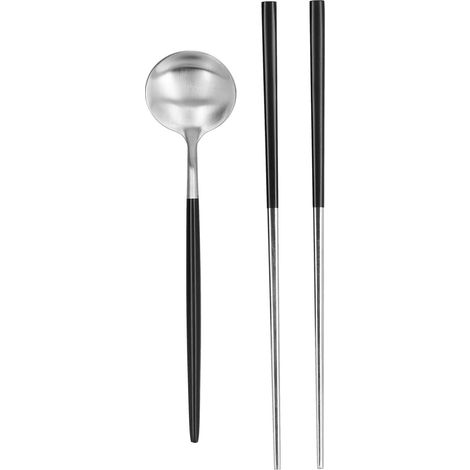 Ensemble de 2 couverts portables en acier inoxydable (fourchette et baguettes) pour l'école et les voyages (noir et argent). (1/5)