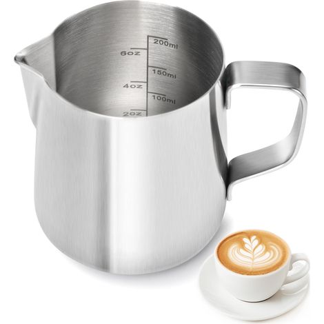 Pot à lait de 200 ml, en acier inoxydable, avec échelle de mesure pour machine à café, petit pot à lait pour la maison, barista, cappuccino, expresso, résistant à la rouille (1/5)