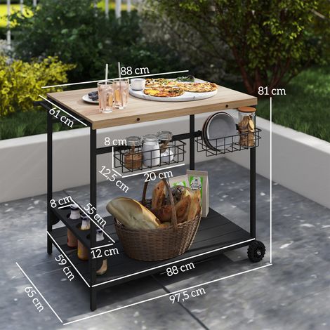 Chariot de service, desserte de cuisine, 2 étagères, 4 porte-bouteilles, intérieur/extérieur, naturel/noir (1/5)