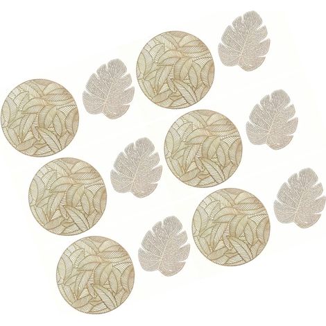 Set de 6 dessous de plat ronds dorés avec 6 dessous de verre en forme de feuille, isolation creuse pour table à manger (1/5)
