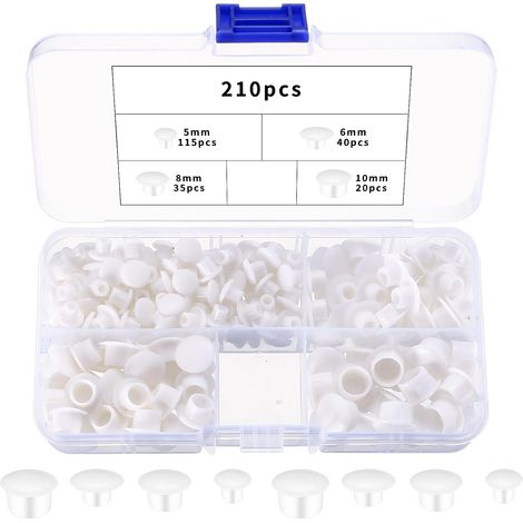 210 Pièces Bouchons de Trous en Plastique Blanc 4 Tailles 5 mm, 6 mm, 8 mm, 10 mm, pour meubles, armoires, étagères et placards (1/5)
