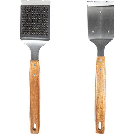 Spazzola e raschietto per griglia - Spazzola per griglia da esterno con grande manico in legno esteso e testina in setole in acciaio inossidabile sostituibile - Spazzola per griglia per tutti i tipi d