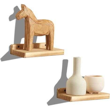 Juego de estantes flotantes pequeños, 2 piezas, madera natural, mini estante de pared de 30 cm, expositor decorativo para plantas (1/5)