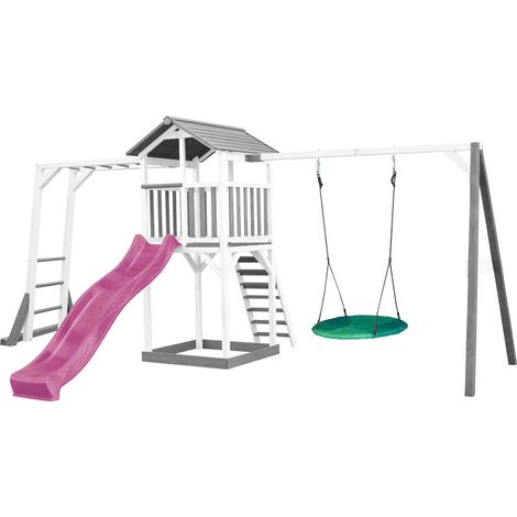 Axi Beach Tower Aire De Jeux Avec Toboggan En Violet, Cadre D'Escalade, Balançoire Nid D'Oiseau Vert & Bac À Sable Grande Maison Enfant Extérieur En Gris & Blanc Cabane De Jeu En Bois Fsc (1/5)