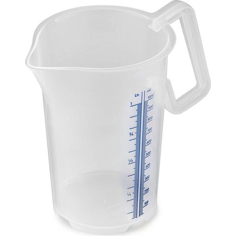 Verre doseur avec poignée fermée, 1000 ml, plastique PP, graduation bleue en litres et millilitres, transparent (1/5)
