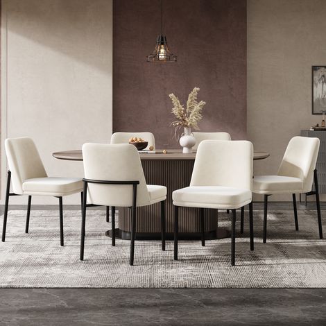 Lot de 6 chaises de salle à manger - Coussins d'assise rembourrés - Pieds en métal - Structure en métal noir - Tissu en velours - Beige (1/5)