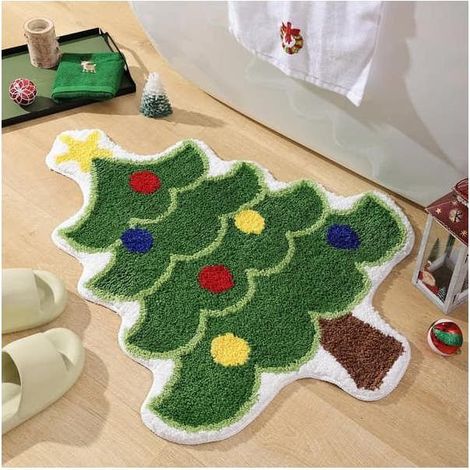 Tapis de bain Père Noël rouge absorbant, lavable, antidérapant, doux, épais, résistant, sapin vert, 40 x 60 cm (1/5)