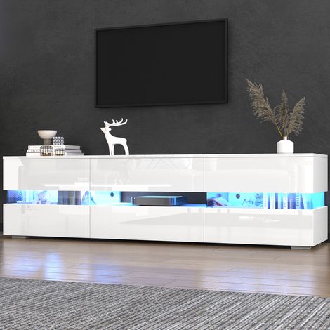 Meuble TV 160x39x45cm design moderne avec LED ouverture par pression panneau de particules blanc (1/5)