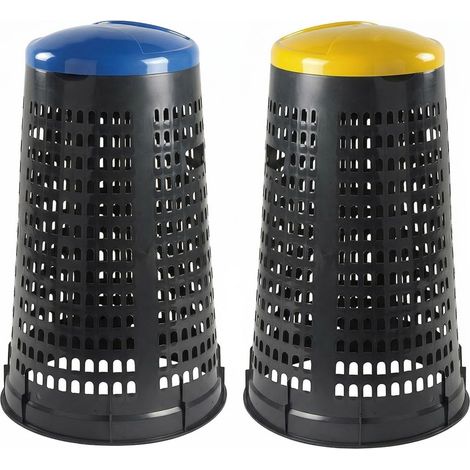 Set 2 Trespoli con Coperchio Anello Fermasacco cestino Bidone da Esterno 100 LT blu e giallo contenitore portasacco in Plastica Traforata Anti Odore RACCOLTA DIFFERENZIATA dei rifiuti isola ecologica (1/5)