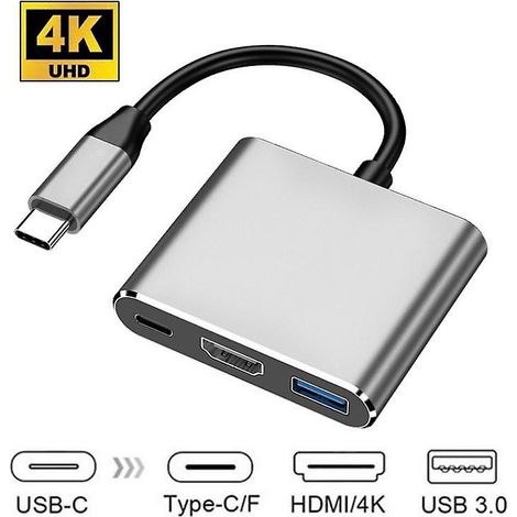 Adaptateur hub USB Type-C vers HDMI 4K 3-en-1 (gris) / Boîtier en alliage d'aluminium / Adaptateur hub USB C 3.1 (1/3)