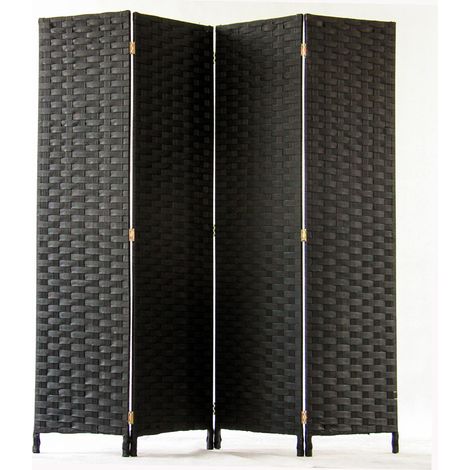 Paravent de 4 pans tressé en fibres naturelles coloris noir - Dim : H180 x L180 cm
