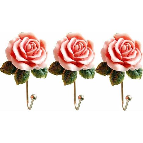 Lot de 3 crochets muraux en résine en forme de rose, crochets en fer décoratifs en forme de fleur, parfaits pour suspendre manteaux, chapeaux, clés, serviettes, sacs à main, décoration murale pour cha (1/4)