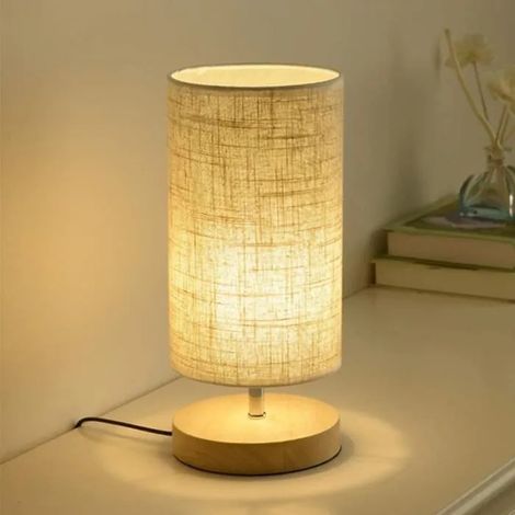 Lampe de chevet en bois rond vintage avec abat-jour beige et lampe de bureau E27 LED style maison de campagne Veilleuses A344 (1/4)