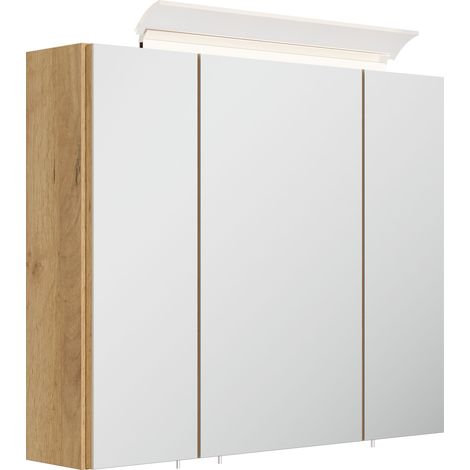 Spiegelschrank 75cm inkl. Design LED-Lampe und Glasböden eiche gold