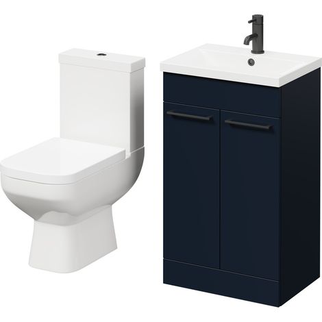 Turin Deep Blue 500mm Floor Standing Vanity Unit and Toilet Suite with 1 Tap Hole Basin and 2 Doors with Matt Black Handles (1/5)