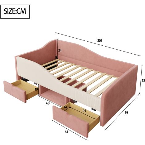 Canapé convertible matelassé 90x190cm, canapé-lit 2 places avec rangements, sommier à lattes intégré, housse velours moelleux, sans matelas, teinte rose et blanc cassé (1/5)