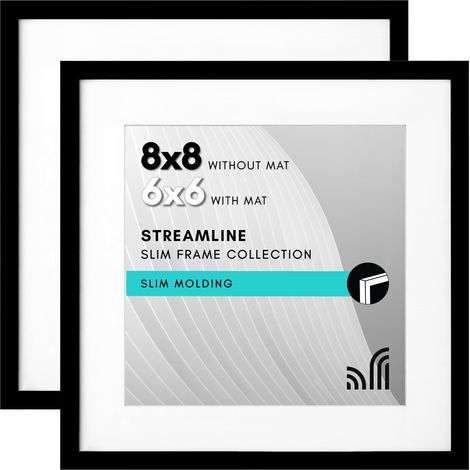 Lot de 2 cadres photo noirs de 20,3 x 20,3 cm - Affichage de 15,2 x 15,2 cm avec passe-partout et 20,3 x 20,3 cm sans passe-partout - Cadre à bordure fine - Formats horizontaux (1/5)