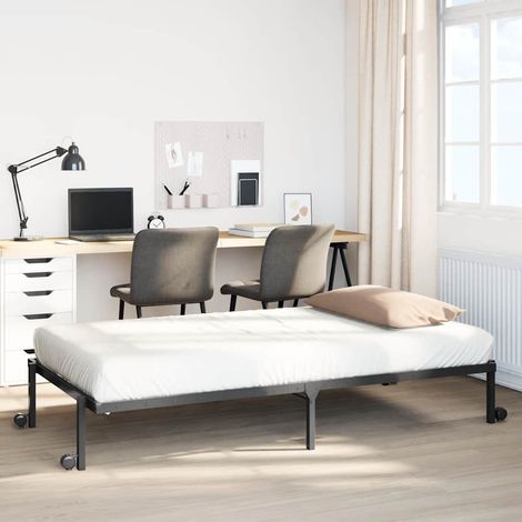 Cadre de Lit Pliable en Acier Noir 90x190 cm avec Sommier à Lattes et Roues - 212x94.5x30 cm (1/4)
