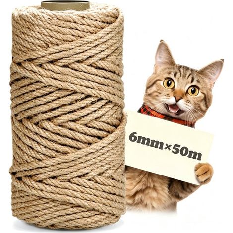 Corde en sisal naturel - 6 mm × 50 mètres - pour tapis à griffer, poteaux à griffer, griffoirs, meubles pour chats à faire soi-même, décoration, habillage de tuyaux et rampes d'escalier. (1/5)
