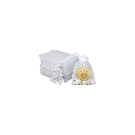 Lot de 100 sachets en organza blanc - 9 x 12 cm - Pour bijoux, mariage, bonbons, festival, fête et mariage - Avec cordon en satin (1/5)