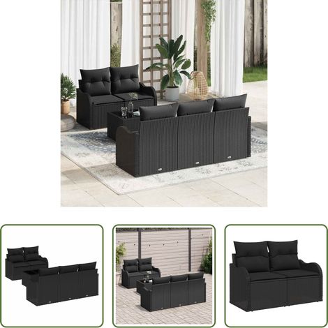 Terrassensofa - Garten-Sofa-Set 6 pcs Schwarz Poly-Rattan und Stahl und Glas (1/5)