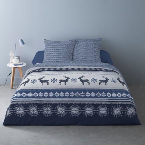 Housse de couette 260x240 FENRIS BLEU + 2 taies matière Polaire (1/3)