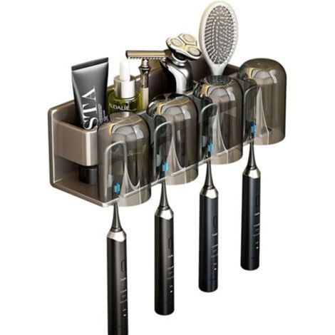 Space Aluminum Toothbrush Holder, Wall Mounted Bathroom Toothpaste Holder with 4 Cups, Grey (1/5)