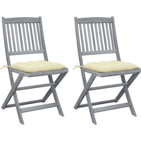 Lot de 2 Chaises de Jardin Pliantes avec Coussins Bois d'Acacia Massif Gris Délavé et Blanc Crème - PANGIVO (1/5)