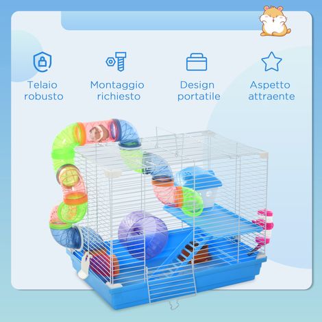 Cage pour Hamster 2 Étages 46x30x37 cm avec Roue, Tube, Fontaine et Bac de Nourriture (1/5)