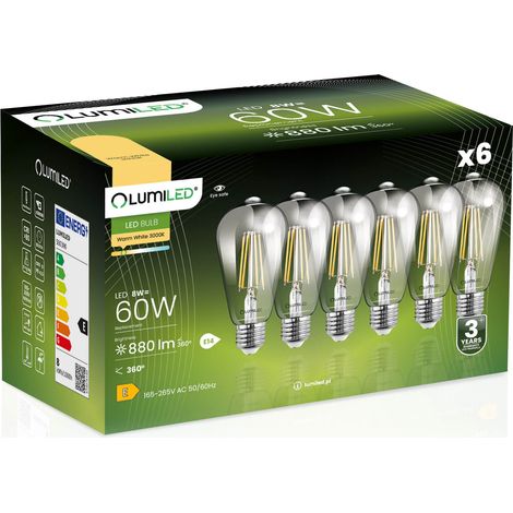 6x LED-Lampe E27 Edison ST64 8W = 60W 880lm 3000K warmweiß 360° Glühfadenbeleuchtung