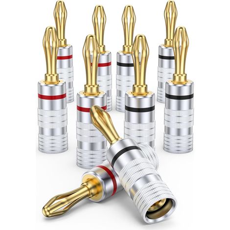 5 Paires Connecteur banane, Laiton plaqué Or 24K, Double vis, Câble haut-parleur 12-18AWG