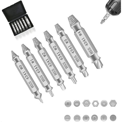Kit d'extracteurs de vis, 6 pièces. Extracteur de vis endommagées en acier rapide 4341, dureté 62-63 HRC, pour retirer facilement les vis rouillées ou endommagées. (1/5)