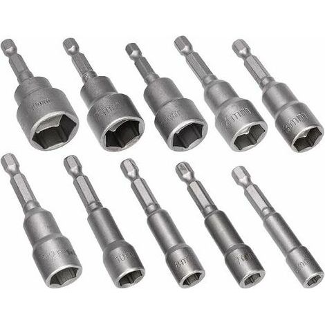 Jeu de 10 clés à douille magnétiques, adaptateur hexagonal 6 mm - 19 mm pour perceuse manuelle, visseuse à douille et clé à chocs