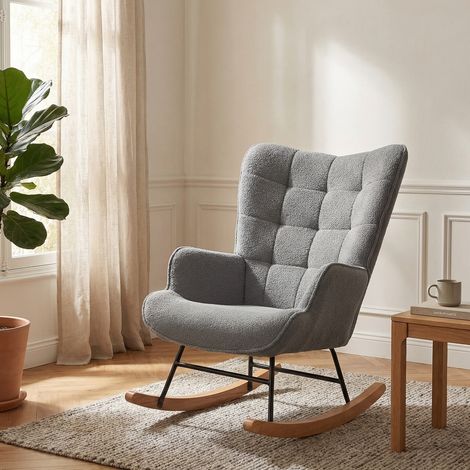 Poltrona a dondolo in tessuto bouclé grigio scuro - Sedia a dondolo design scandinavo per salotto e camera