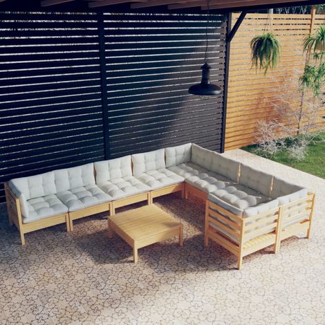 10-tlg. Garten-Lounge-Set mit Creme Kissen Kiefernholz (1/5)