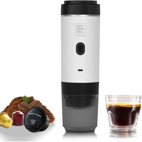 Machine à expresso électrique portable, cafetière de voyage pour le camping, cafetière à piles compatible avec le café moulu et les capsules, blanche (1/5)