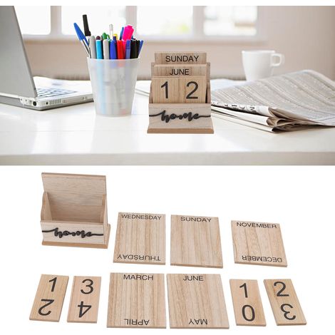 Calendrier de bureau à dates permanentes en bois design perpétuel, réutilisable et écologique, modèle artisan pour decoration retro (1 base + 9 blocs) (1/5)