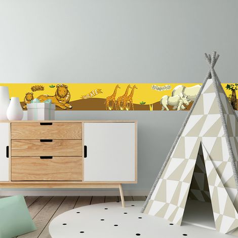 Frise adhésive décorative autocollante pour chambre d'enfant, motif de la savane, animaux de la jungle, 15 cm X 300 cm, jaune et marron. (1/2)