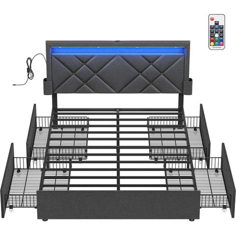 Lit double cadre de lit lit coffre 140 x 190 cm avec led lit en métal 4 tiroirs multiprise tête de lit rembourrée ajustable pas besoin de sommier gris clair et noir mat (1/2)